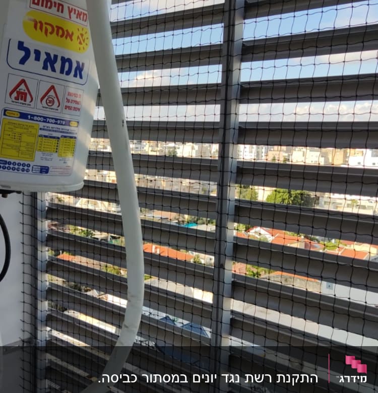 מיכל מים עם צינור ליד רשת למניעת יונים
